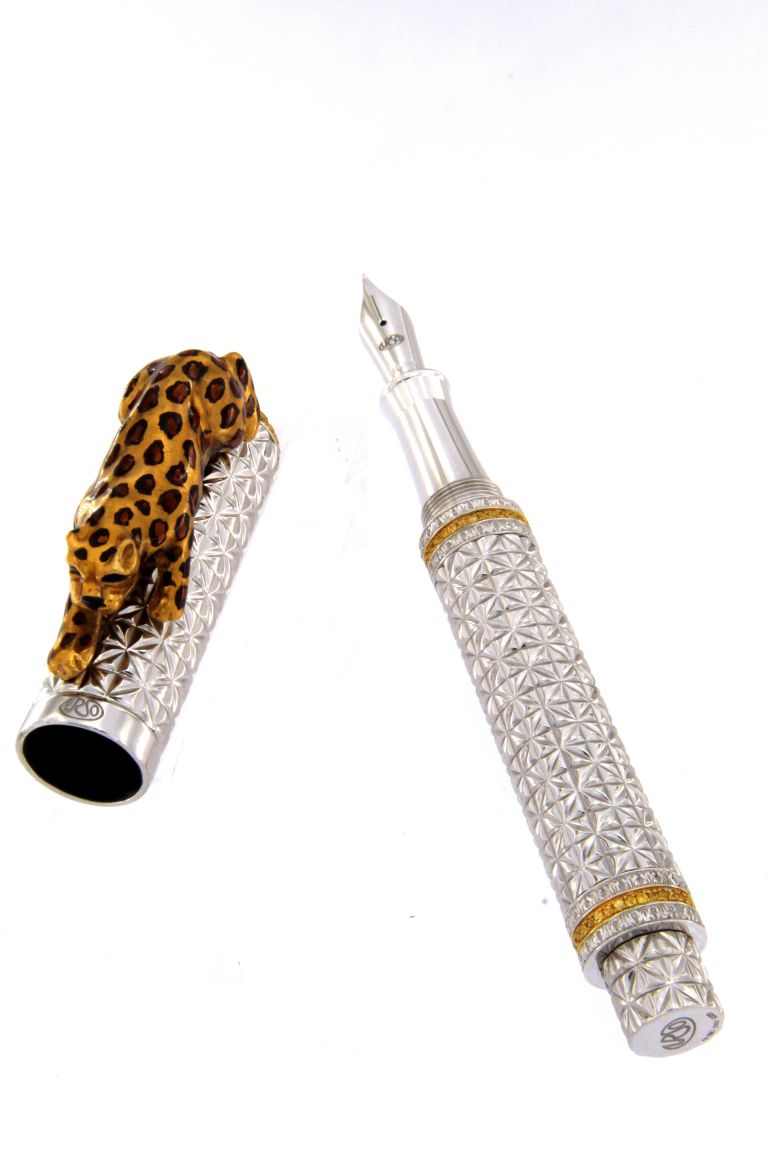 FOUNTAIN PEN  LEOPARD  IN STERLING SILVER ANTIOXIDANT AND YELLOW SAPPHIRES